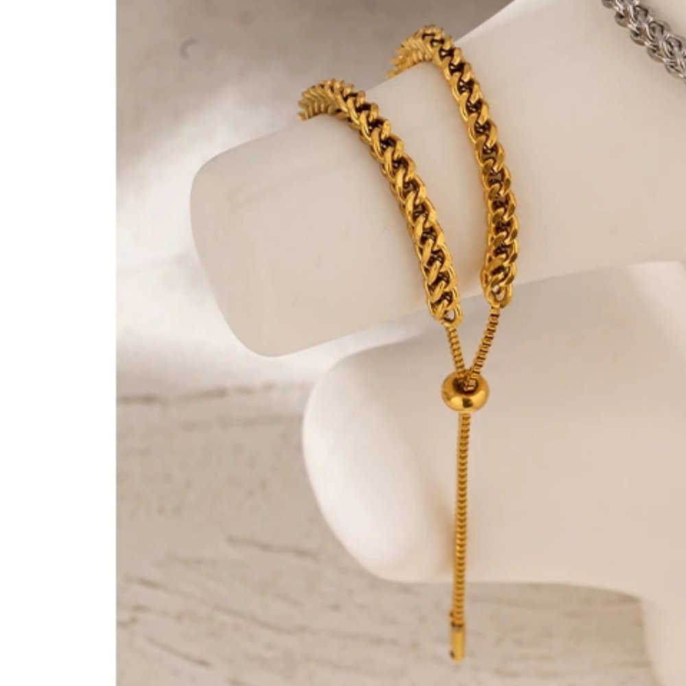 ^NEW 18K Gold Plated Link Chain Adjustable Bead Bracelet - Picture 3 of 4